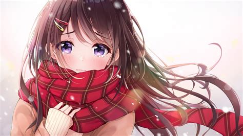 Download 1920x1080 Anime Girl Red Scarf Brown Hair Teary Eyes