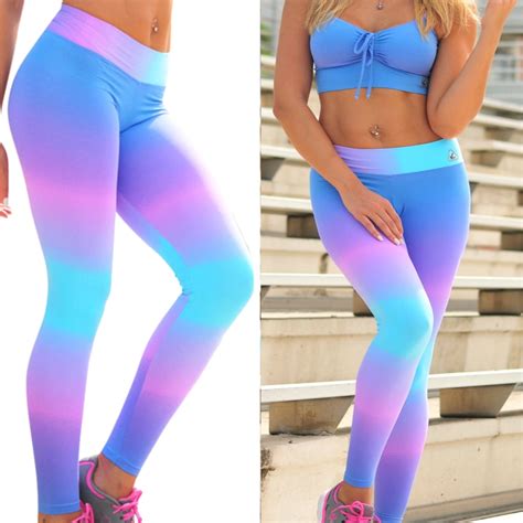 2018 New Women High Waist Leggings Neon Rainbow Printed Yoga Pants Workout Gym Fitness Tight