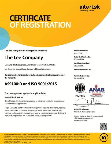As9100 Certificate The Lee Co