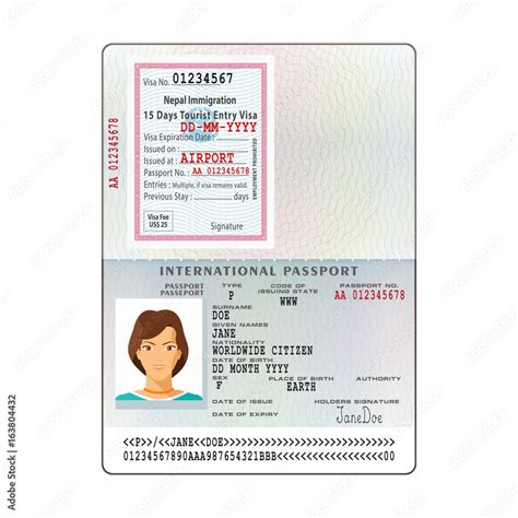 Open Nepal International Passport Visa Sticker Template In Flat Style Векторный объект Stock