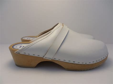 Vintage 80s Natural Leder White Leather Clogs Limewood Size 40 Eur Swedish Sz 9