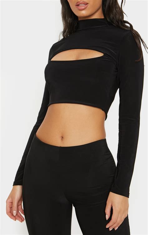 Black Slinky High Neck Cut Out Crop Top Prettylittlething Ca