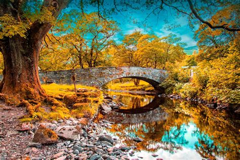 sky clouds forest park river trees bridge arch autumn reflection wallpapers hd