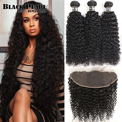 Black Pearl Brazilian Kinky Curly Lace Frontal Closure With Bundles Non Remy Curly Hair 3
