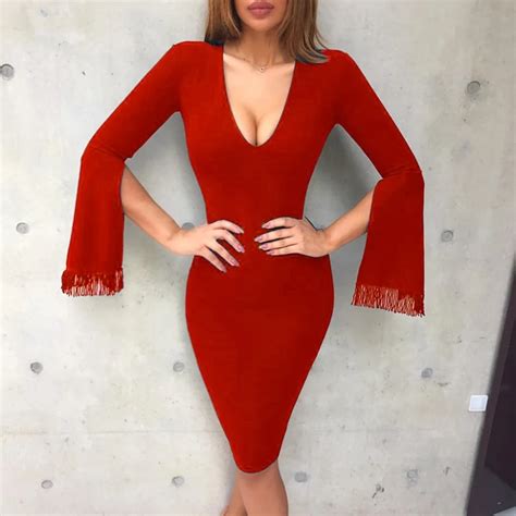 2018 New Arrival Bodycon Dress Black Red Women Tassel Sexy Deep V Neck Long Sleeve Party Knee