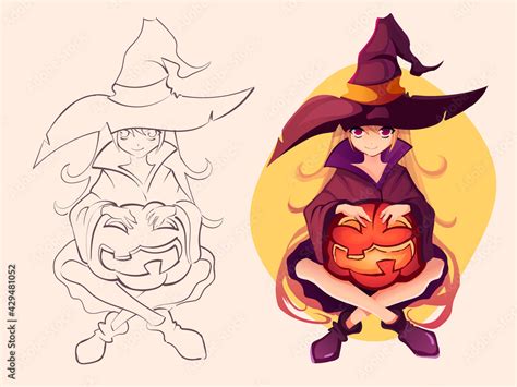 Kawaii Anime Girl Witch Line Art Vector Illustration Stock Vector