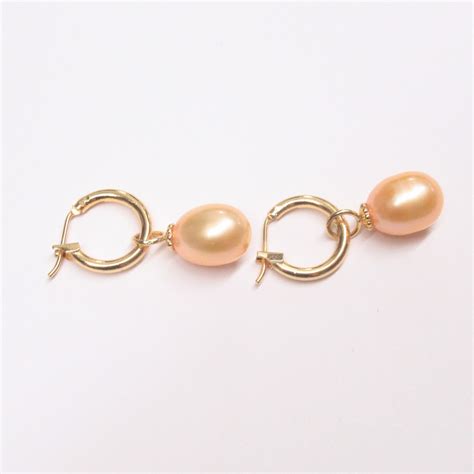 14K Gold Pearl Drop Hoop Earrings