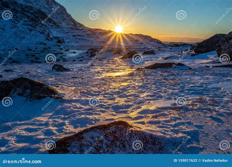 Polar Arctic Greenlandic Sunset Over The Snow Mountains Nuuk
