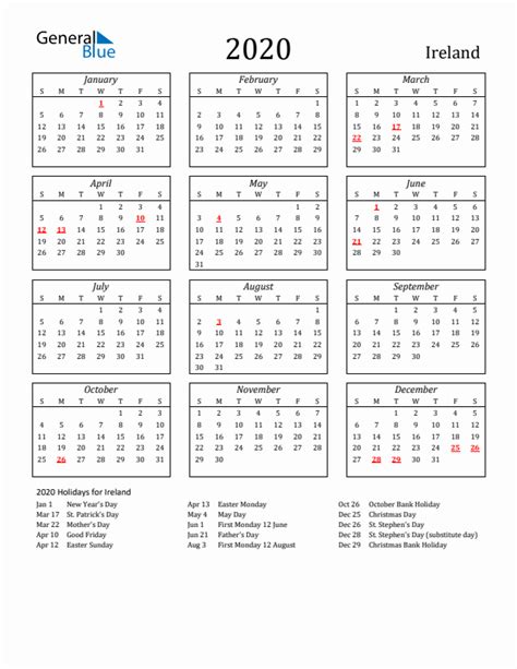 2020 Ireland Calendar With Holidays