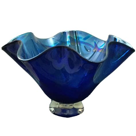 Dottie Boscamp Art Glass Rocks Bowl Iridescent Blue Fluted Folded Rim Signed Artnouveau Glass