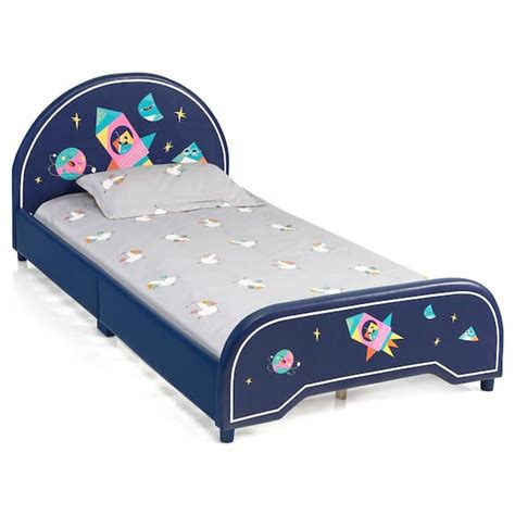 Costway Blue Kids Upholstered Platform Bed Children Twin Size Wooden