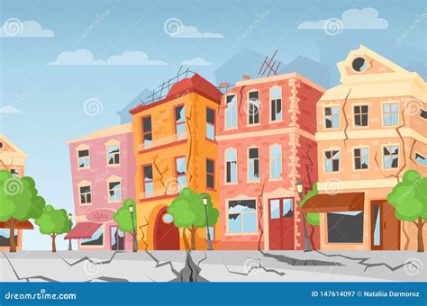 Vector Illustration Of Earthquake In The City Ground Crevices Cartoon