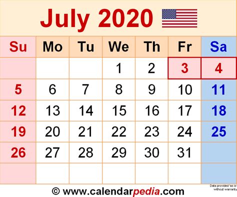July 2020 Calendar Templates For Word Excel And Pdf