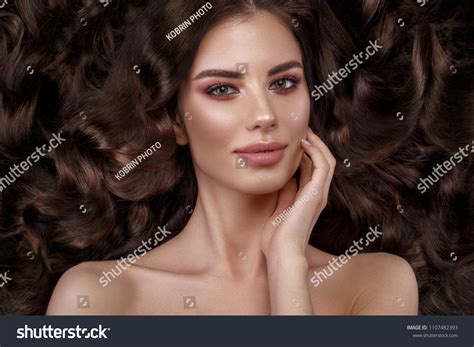 Beautiful Brunette Model Curls Classic Makeup Stock Photo 1107482393