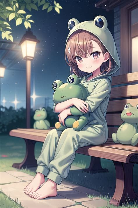misaka mikoto in a frog onesie on a bench by gendoeva on deviantart