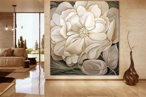 Large White Flower Wall Art Original Beige Flower Painting Etsy