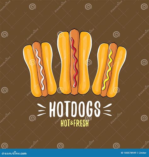 Vector Cartoon Hotdogs Icon Set Isolated On Brown Background Vintage