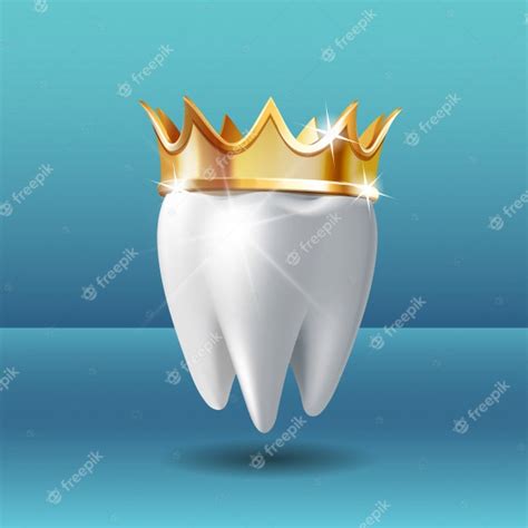 Реалистичный белый зуб в золотой короне. уход за зубами стоматологической медицинской ...
