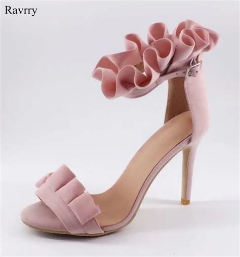 Ravrry Pink Ruffles Solid Buckle Strap Open Toe Thin Heels Sandal