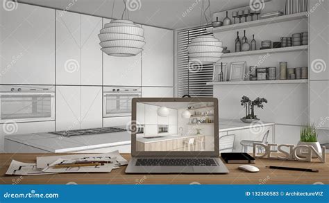Architect Designer Desktop Concept Laptop On Wooden Work Desk With