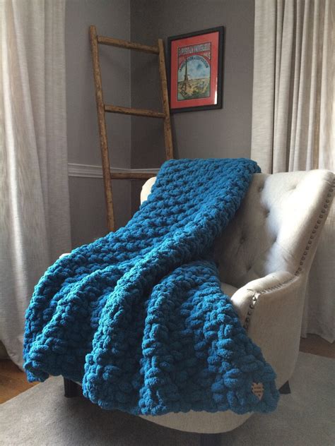 Teal Blue Throw Chunky Knit Blanket Chenille Knit Blanket Etsy