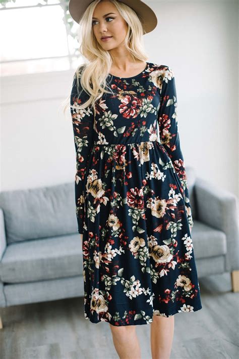 Navy Floral Knee Length Dress Crew Neck Long Sleeves Stretchy Empire