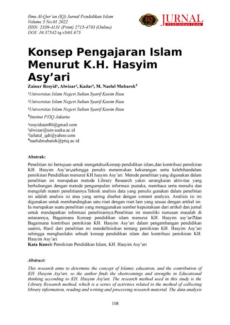 Pemikiran Kh Hasyim Asyari Ilmu Al Quran Iq Jurnal Pendidikan
