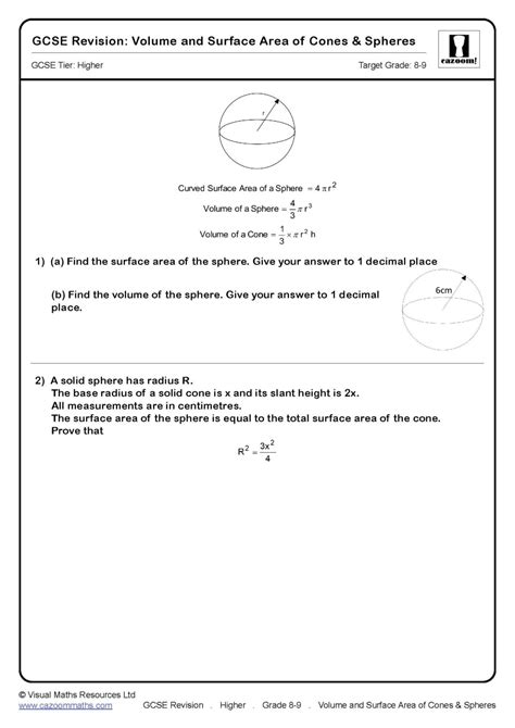 Volume And Surface Area Of Cones And Spheres Gcse Questions Gcse