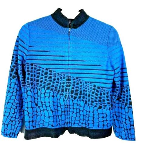 Ming Wang Womens Cardigan Jacket Blue Geometric Long Sleeve Mock Zip