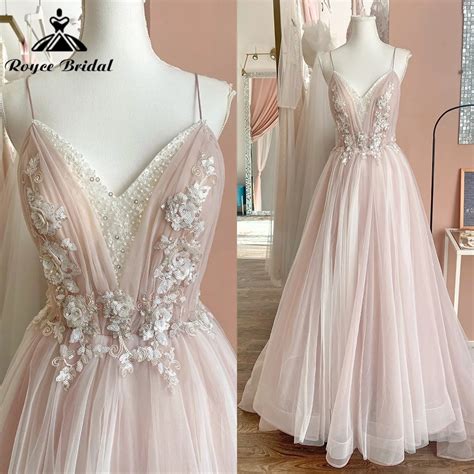 Boho Sexy V Neck Spaghetti Straps Beading Lace A Line Wedding Dress For