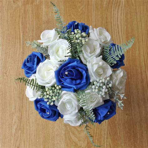 Royal Blue Rose And Fern Bridesmaid Bouquet Artificial Wedding Flowers