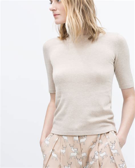 Zara Short Sleeve Knit Sweater In Beige Light Beige Lyst