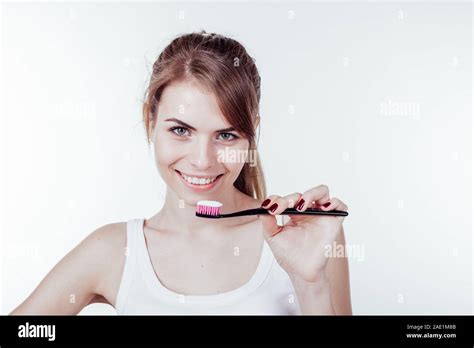 Beautiful Girl Cleans White Teeth Toothbrush Smile Stock Photo Alamy