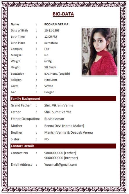 Biodata Format For Marriage For Girl Free Download Word Pdf