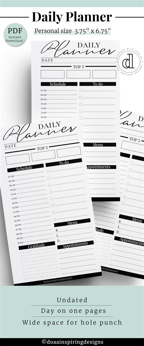 Daily Planner Printable In Personal Size Filofax Inserts Day On One