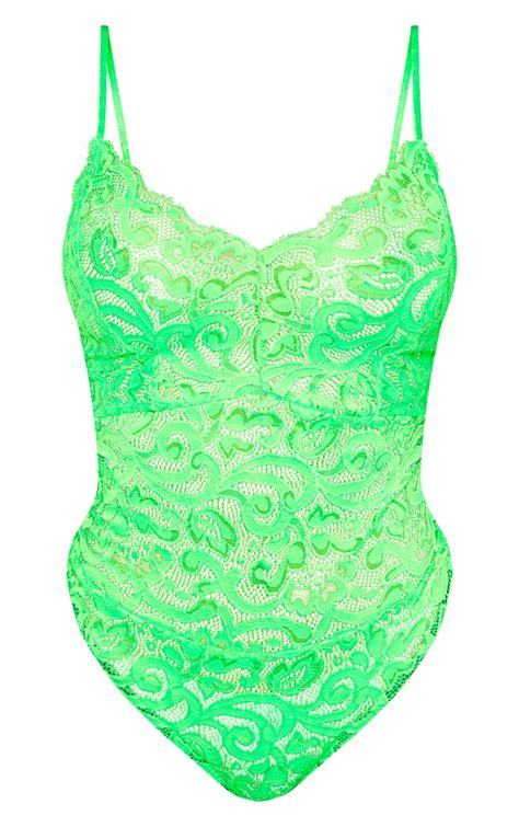 Shape Neon Lime Lace Sheer Bodysuit Curve Prettylittlething