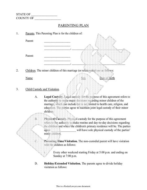 At the very least, the custody agreement should contain a if one parent is to have physical custody and one is to have partial custody and visitation rights, decisions must be made regarding where the child will. Parenting Plan - Child Custody Agreement Template (with ...