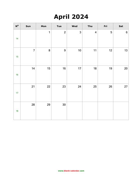 Download April 2024 Blank Calendar Vertical