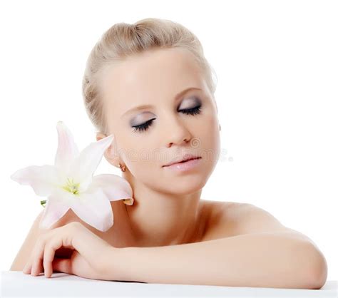 The Beautiful Blonde Woman With Lily Flower Stock Image Image Of