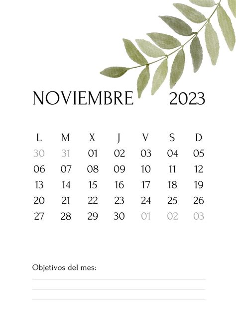 Calendario A4 Mes Noviembre 2023 Imprimible Aesthetic Blanco