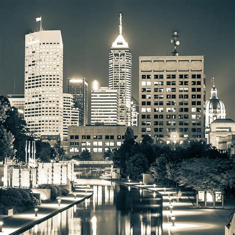 Indianapolis Skyline Night Glow Square Sepia Edition Photograph By