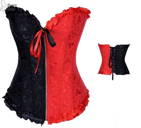 Female Carnival Sexy Zipper Front Overbust Corset Jacquard Floral Lace Up Boned Shapewear