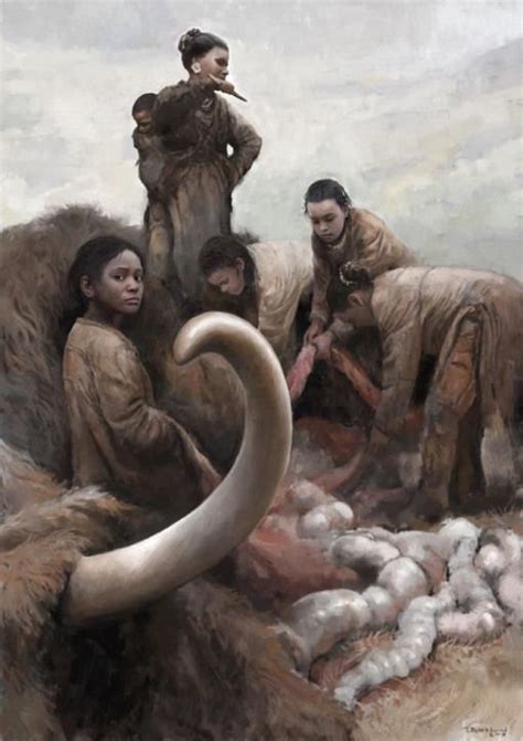A Tribe Of Ice Age Eurasians Butchering The Carcass Of A Woolly Mammoth