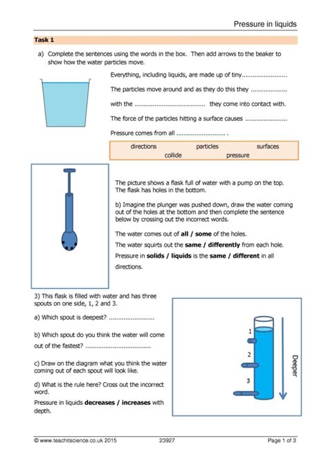 Pressure In Liquids Worksheetks3 Physicsteachit