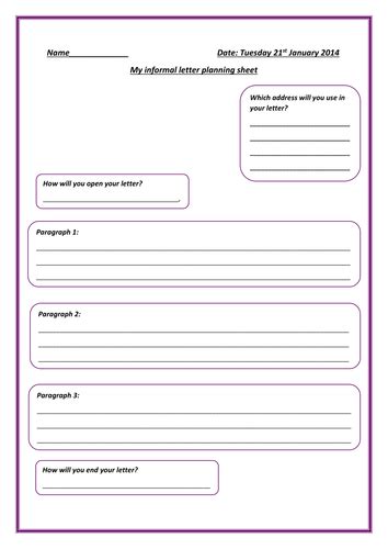 Informal Letter Planning Sheet By Littledreamer Teaching Resources Tes