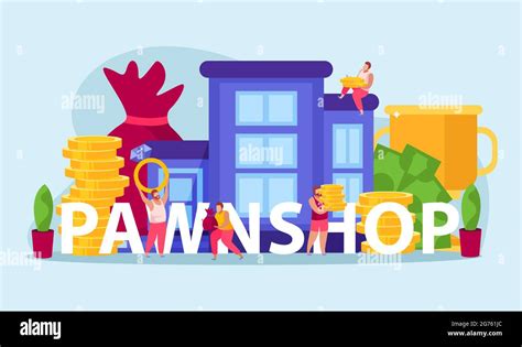 Pawnshop Flat Composition With Text Surrounded By Human Characters House And Piles Of Golden