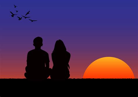 Graphics Drawing Couple Boy And Girl Sit With Sunset Or Sunrise