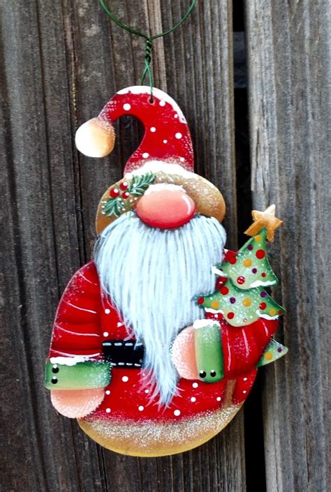 Gnome Santa With Christmas Tree Painted Christmas Ornaments