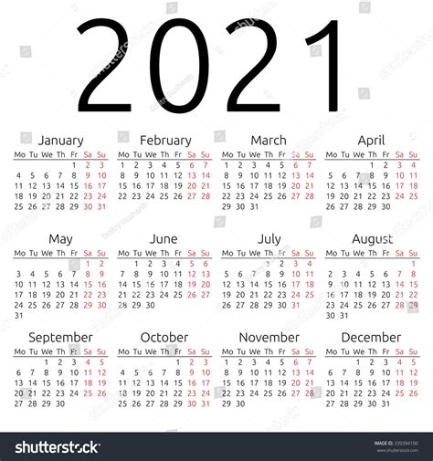 Simple 2021 Year Calendar Week Starts On Monday Eps 8 Vector