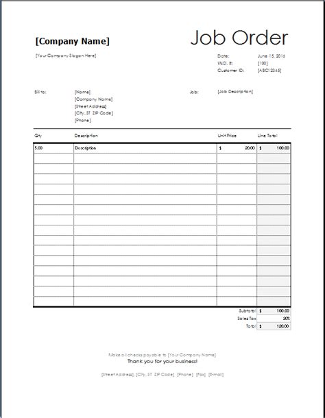 Generic Work Order Form Printable Generic Order Form Template